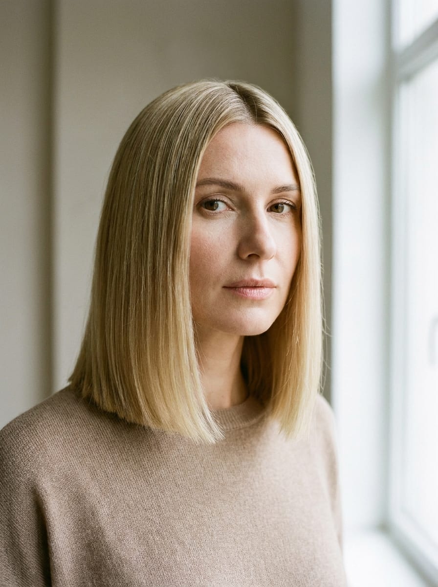 Präziser Lob mit Mittelscheitel - Mittellanger blonder Bob